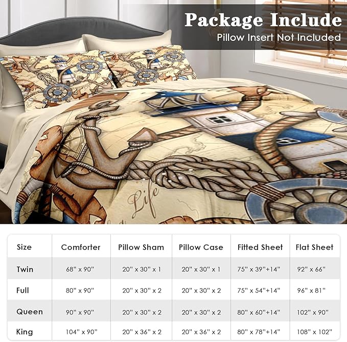 Comforter Set Queen Size, Vintage Nautical Lighthouse Map 7 Pcs Bedding for Kids and Adults, Retro Anchor Beige Bed Sheet Sets with Fitted Sheet 2 Pillowcase & 2 Sham for Bedroom Bed Decor