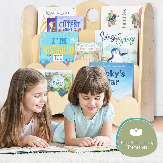 3-Tier Wooden Kids Bookshelf with Scalloped Front-Facing Shelves – Montessori-Inspired Floor Bookcase for Toddler Bedrooms, Playrooms, Nurseries & Classrooms