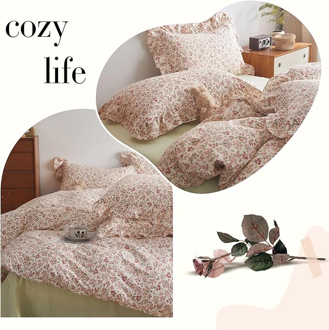 VM VOUGEMARKET Full Comforter Set Girls Pink Red Floral Bedding Comforter with 2 Pillow Shams Soft Comfy Comforter Set for All Seasons-68x90 Inch
