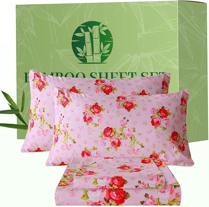 Bedlifes California King Floral 4-Piece Sheet Set - Cooling Sheets Blend Rayon Derived from Bamboo,Soft & Breathable, Deep Pocket 16", Wrinkle Resistant - Vibrant Boho Floral in Rose Pink