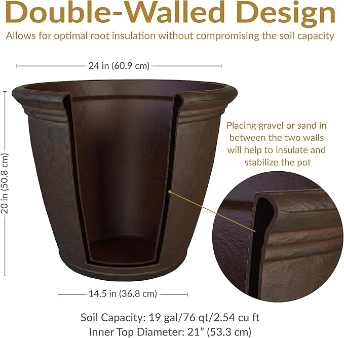 Sunnydaze 24-Inch Anjelica Large Plastic Pot for Plants - Double-Walled Outdoor Polyresin Round Planter Porch Pot with Drillable Drainage Holes - Rust - 4pk