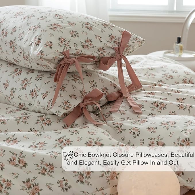 EAVD Vintage Style Garden Pink Floral Duvet Cover Twin XL White Soft Cotton Chic Shabby Pink Floral Bedding Set with 2 Pillowcases Reversible Fresh Botanical Duvet Cover with Zipper Closure