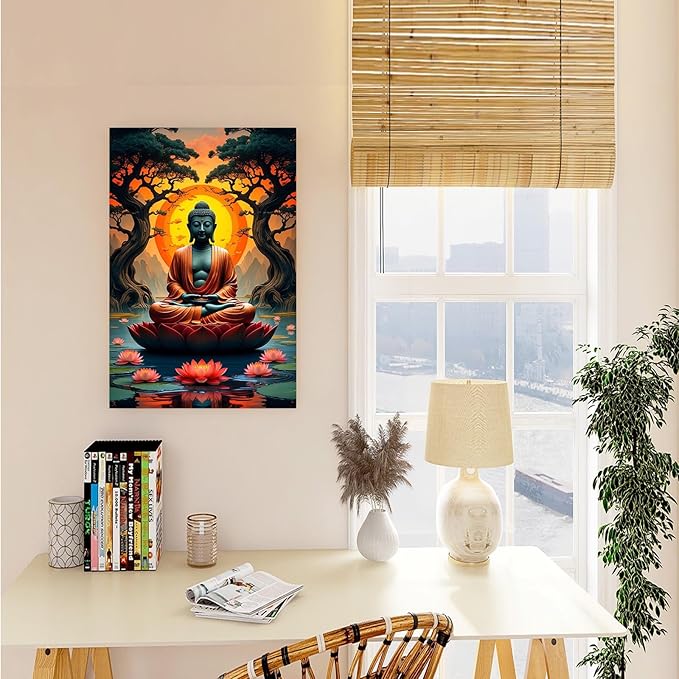 Canvas wall art Golden Buddha on lotus at sunset Ancient trees with reflections on water Serene meditation scene Uplifting wall art for mindfulness and tranquil home decor 16x24in Wood Framed