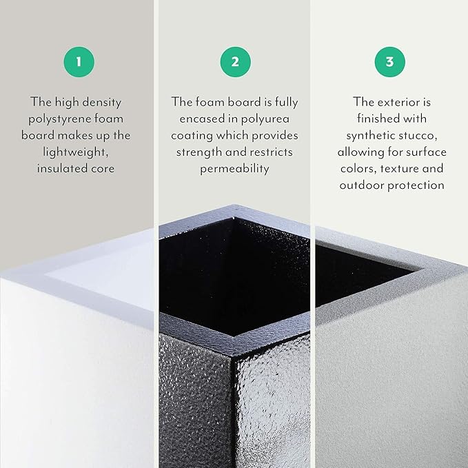 PolyStone Monterray Modern Outdoor/Indoor Square Planter, 23" L x 23" W x 19" H, Lightweight, Heavy Duty, Weather Resistant, Polymer Finish, Commercial Grade and Residential (Gray Granite)