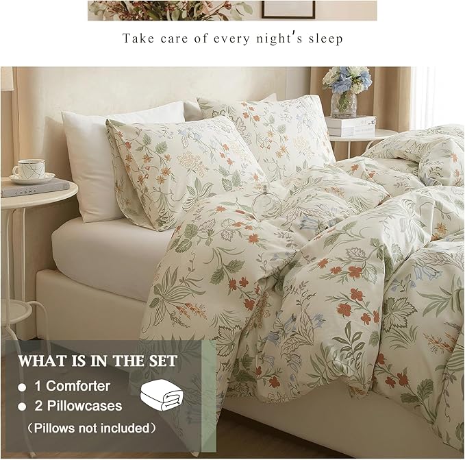 VM VOUGEMARKET Garden Flower Comforter Set Queen Green Red Floral Comforter with 2 Pillowcases Cottagecore Aesthetic Fluffy Bedding Comforter Set for Girls Women 90"x90"