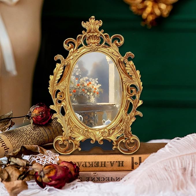 Oval Photo Frame 4x6, Gold Vintage Resin Picture Frames with Glass Cover, Antique Picture Frame for Living Room, Retro Handmade Photo Frames for Tabletop or Wall Hanging, Pictures Display Frames Art