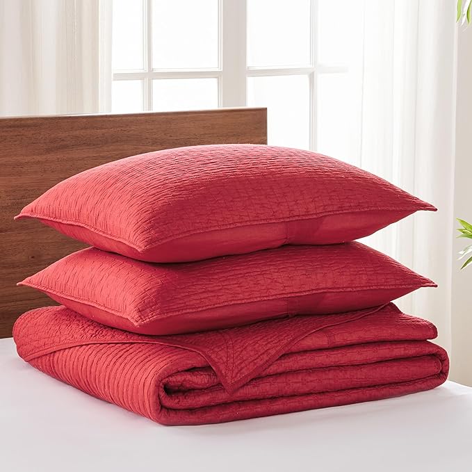 Levtex Home Cross Stitch Reversible Full Bedspread Set (100x104in) with 2 Pillow Shams (26x20in) - Stitch Texture - Chile Red - Cotton Full Size Bedspread Set - Lightweight, Soft, Pre-Washed