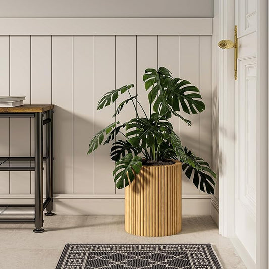 SHYFOY Fluted Wooden Round Indoor Outdoor Planters, Cylinder Decorative Floor Vase Flower Plant Pots for Living Room Dining Bedroom Home Corner