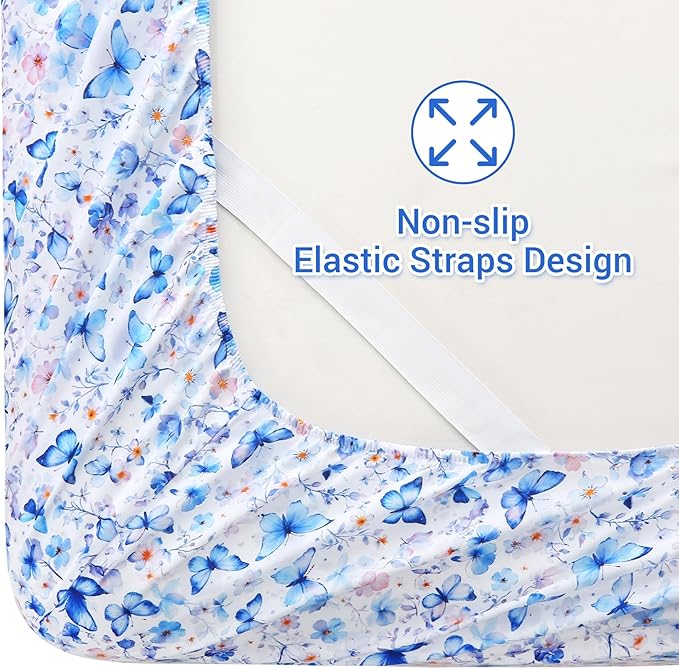 Softan King Floral Sheets, Microfiber Blue Flower Printed Fitted Sheets with Non-Slip Corner Straps and 15" Deep Pocket, Butterfly Patterned Cozy King Bed Sheets & Pillowcase Sets