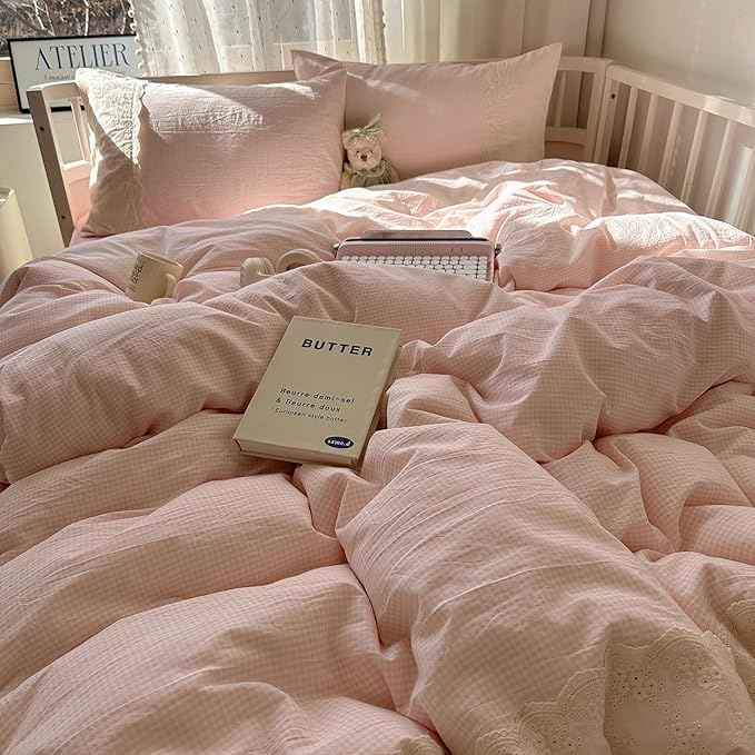 LifeTB Pink Gingham Duvet Cover Twin Size 3 Pieces Romantic Lace Duvet Cover Pink Plaid Checkered Comforter Cover with 2 Pillowcases Soft Breathable Microfiber Grid Farmhouse Plaid Bedding Set