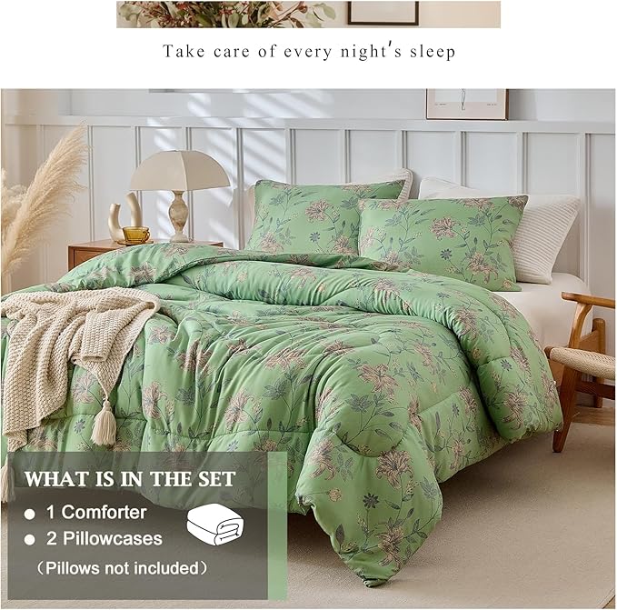 VM VOUGEMARKET Green Floral Bedding Twin XL Comforter Sets Soft Microfiber Vintage Garden Flower Bedding Comforter Set 1 Comforter & 2 Pillowcases Chic Botanical Comforter Set for Girls
