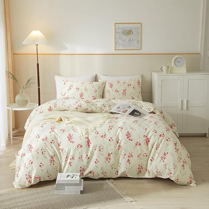 Vintage Pink Floral Comforter Set King Garden Style Boho Pink Floral Bedding Set 1 Floral Comforter with 2 Pillowcases Vintage Botanical Comforter Set Fluffy Cottage Floral King Size Comforter Set