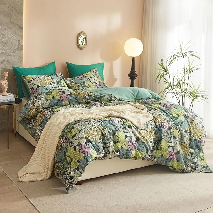 EAVD Tropical Leaves Duvet Cover Twin Soft Cotton Chic Plant Green Leaf Pattern Bedding Set with 2 Pillowcases Fresh Botanical Leaves Comforter Cover with Zipper Closure