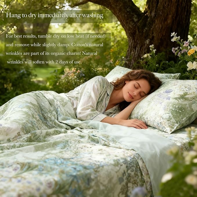 Zusbest King Size Sheets Luxury Sage Green Floral Bed Sheet Set 100% Cotton, Satin Weave Soft Silky Breathable for Hot Sleepers American Country Style Vintage Flower Deep Pocket 17.5‘’ Bed Set 4Pcs
