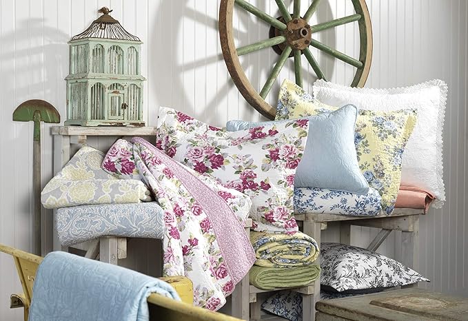 Laura Ashley - Queen Quilt Set, Soft & Reversible Cotton Floral Bedding with a Medium Weight Feel, 3 Piece Bed Set with Matching Pillowcases (Paisley Printed Patchwork Blue)