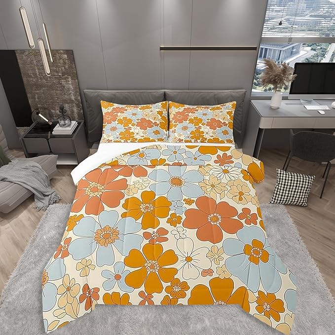 Castle Fairy Retro 70s 60s Floral Hippie Comforter Set Twin Size,Summer Groovy Flowers Quilt Set for Kids Boys Bedroom Collection,Boho Plant Polyester Bedding with 1 Pillowcase,2Pcs