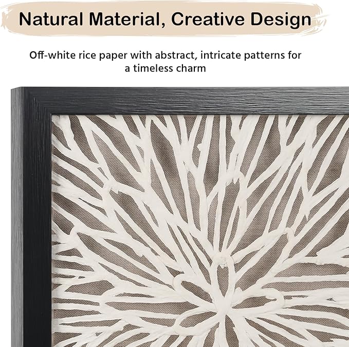 FOLKOR Framed Wall Art Black and White for Rustic Farmhouse Home Decor, 12" Rice Paper Neutral Wall Art Hanging Sculpture, Abstract Floral Artwork for Entryway Fireplace Above Bed Tv Accent