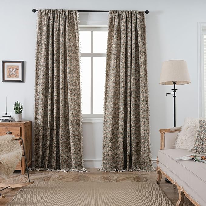 ENJOYBRIDAL Floral Living Room Curtains 96 Inch Long Boho Drapes Jacquard Semi Sheer Bedroom Patterned Window Curtains Farmhouse Country Rod Pocket Aesthetic Tassel 2 Panels Window Treatments