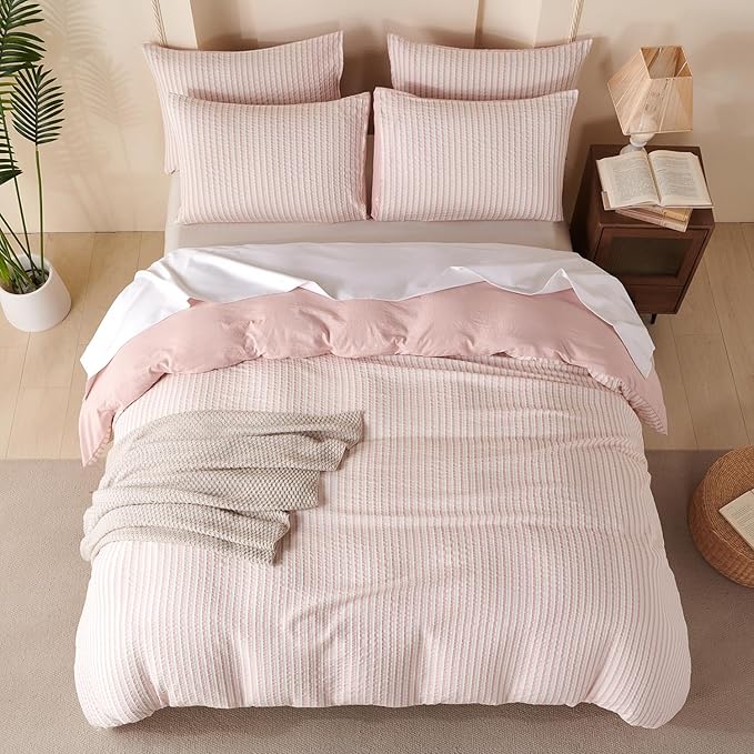 Striped Duvet Cover Set Queen Pink Washed Microfiber Jacquard 3 Pieces Bedding Set, White Pink Vertical Ticking Stripes Pattern Comforter Cover with Zipper Closure Breathable Durable Soft Comfy