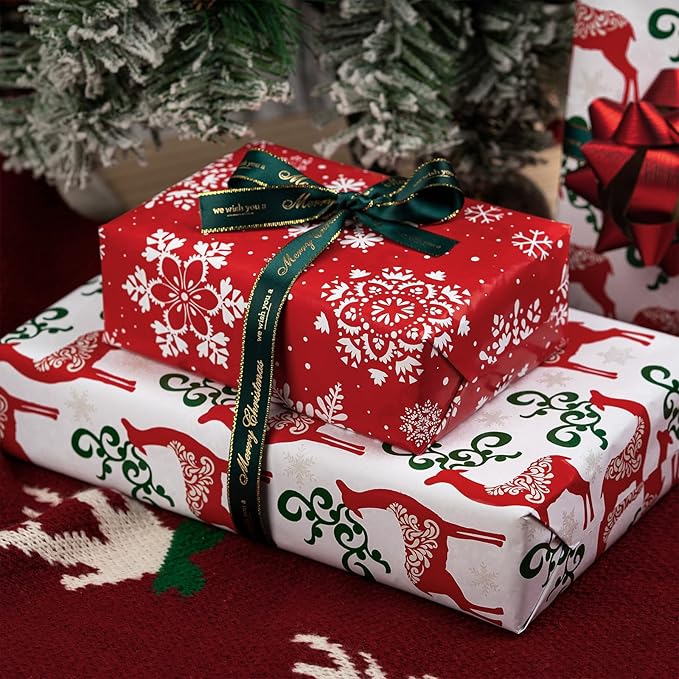 MAYPLUSS Christmas Reversible Wrapping Paper - Mini Roll - 17 Inch X 32.8 Feet- Red Green Reindeer Design (47.3 sq.ft.ttl)
