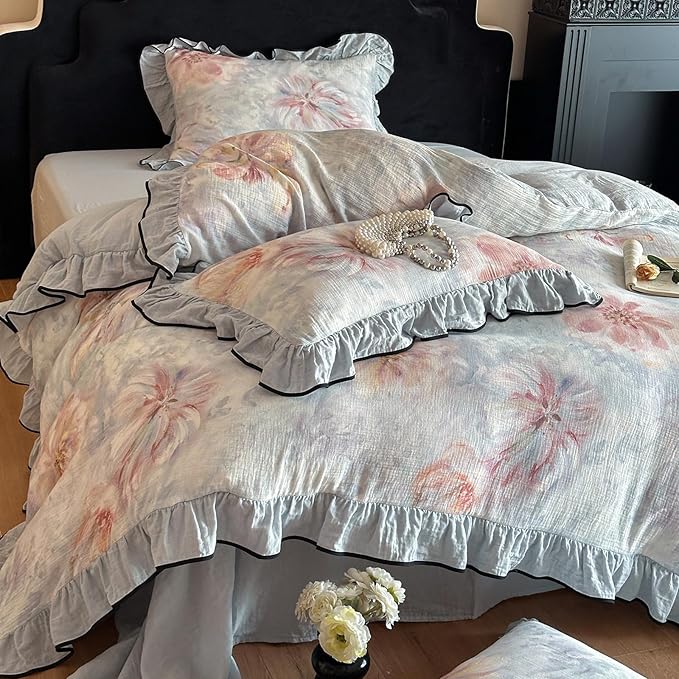 HighBuy College Girl Ruffle Duvet Cover Set Twin XL,Linen Cotton Comforter Cover Blue Floral Bedding Set Chic Cottagecore,Muslin Yarn-Dyed Textured Duvet Cover Set with Zipper,Breathable