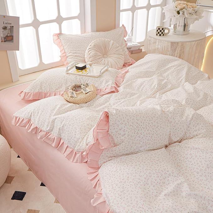 Pink Floral Duvet Cover Full 100% Cotton Ruffle Duvet Cover Girls Princess Lace Bedding Set Botanical Flower Comforter Cover with Zipper Closure Vintage Country Bedding Cottagecore Duvet Cover Set