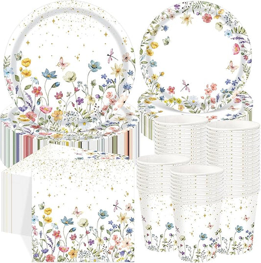 250 Pcs Wildflower Party Decorations Include Spring Summer Floral Paper Plates Napkins and Cups for Wildflower Baby Shower Tea Decorations, Serve 50 Guest (Colorful,Floral Style)