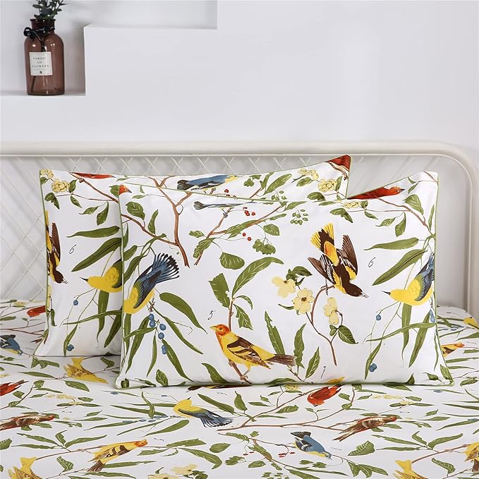 RYNGHIPY Farmhouse Flowers Print Bed Sheet Collection Set Botanical Floral Sheets with Pillowcases (White Green,Full Size)
