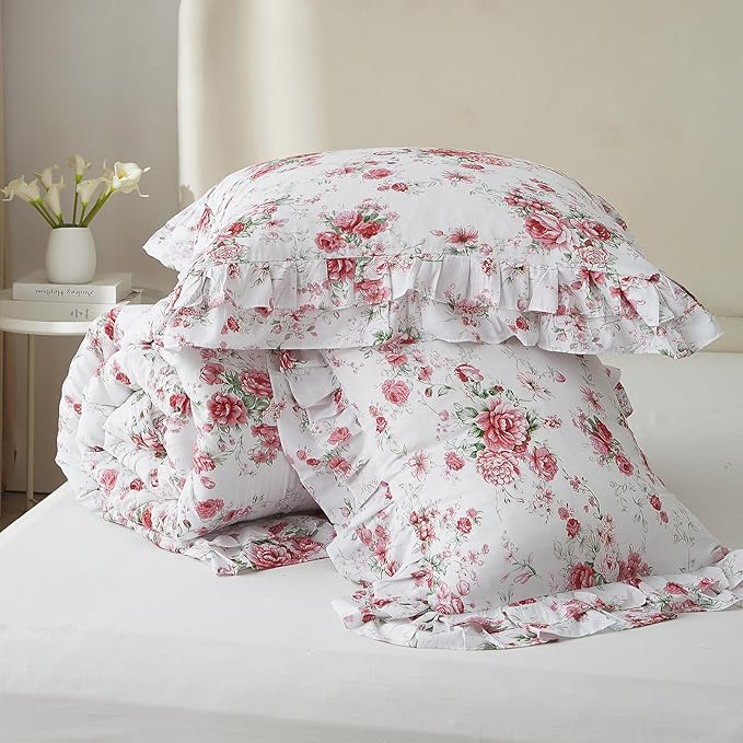 Ruffle Comforter Set Full Pink Red Floral Comforter Princess Lace Floral Bedding Set Soft Microfiber Botanical Bedding Comforter Set 1 Flower Ruffled Comforter with 2 Pillowcases for Teen Girls