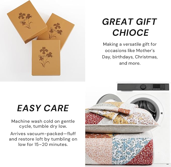 Quilt Set King Size, Patchwork Burnt Orange Floral Quilt Sets, Reversible Bedspread Lightweight and Breathable for All Seasons, Soft Quilted Bedspread with 2 Pillow Shams