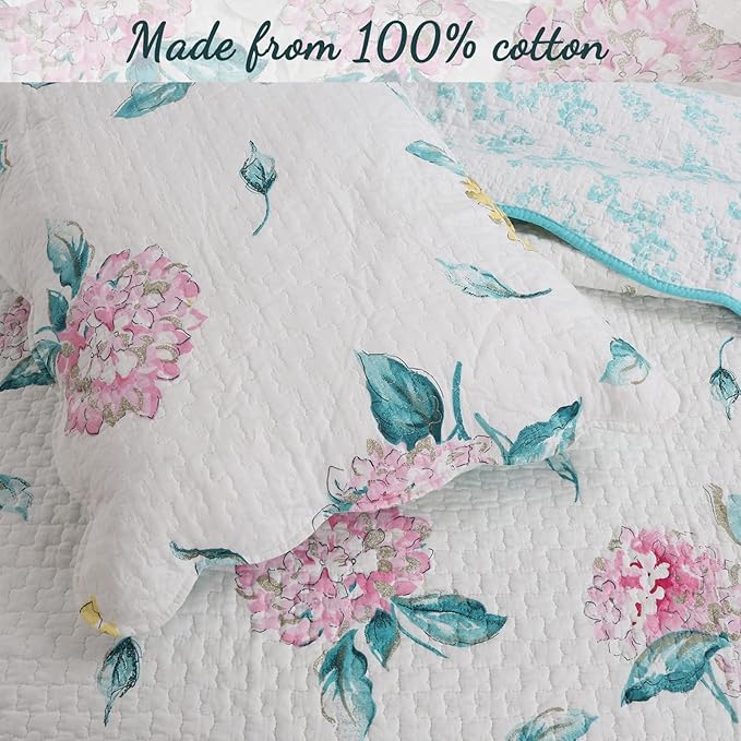 Cozy Line Home Fashions 100% Cotton Turquoise Blue Floral Hydrangea Garden Leaf Reversible Quilt Bedding Set, Coverlet, Bedspread (Valencia Bloom, Queen-3 Piece)