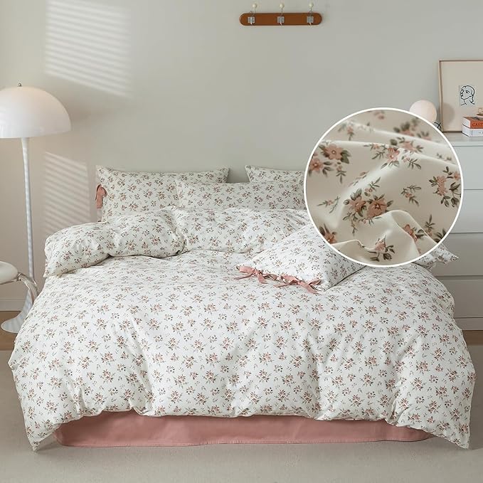 Pink White Duvet Cover Full Floral Print Blush Pink Flower Duvet Cover with 2 Bow Ties Pillowcases 100% Cotton Girls Cottagecore Bedding Set Vintage Country Botanical Floral Comforter Cover Full Size