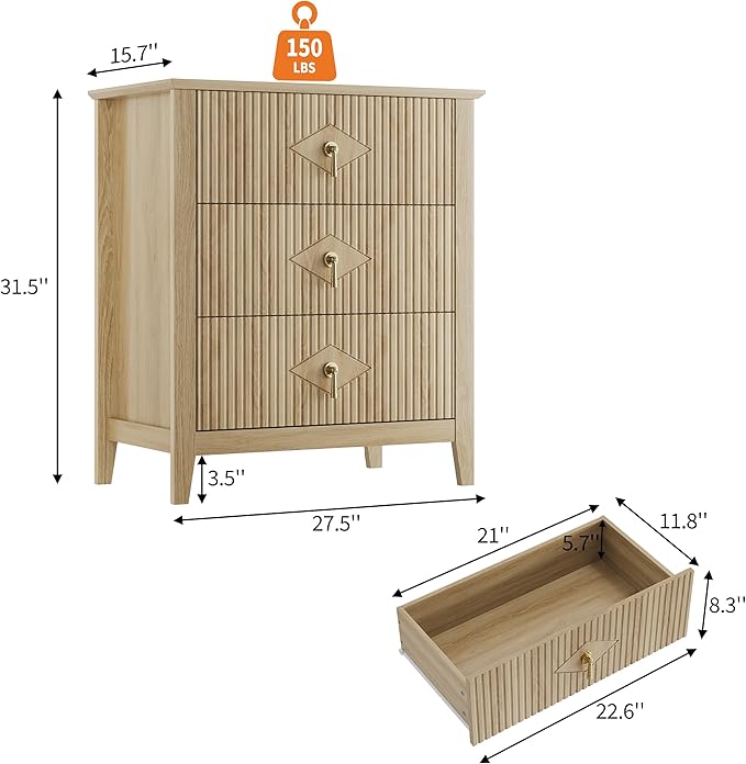 GarveeHome 2Pcs Wood Nightstand Fluted Dresser for Bedroom, 27.5" Wide 3-Drawer Bedside Tables, Modern Chest of Drawers, Storage End Table Living Room, Hallway, Entryway, Natural Oak