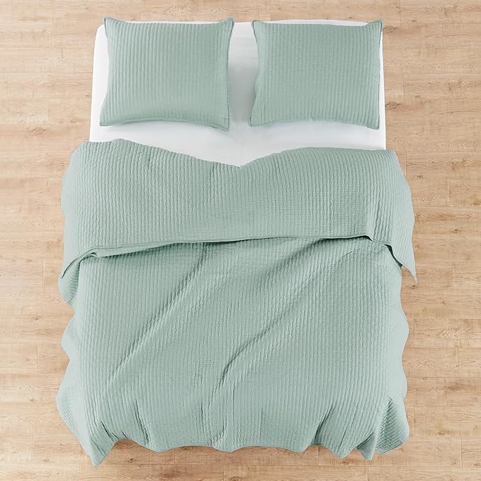 Levtex Home Cross Stitch Reversible Full Bedspread Set (100x104in) with 2 Pillow Shams (26x20in) - Stitch Texture - Blue Haze - Cotton Full Size Bedspread Set - Lightweight, Soft, Pre-Washed
