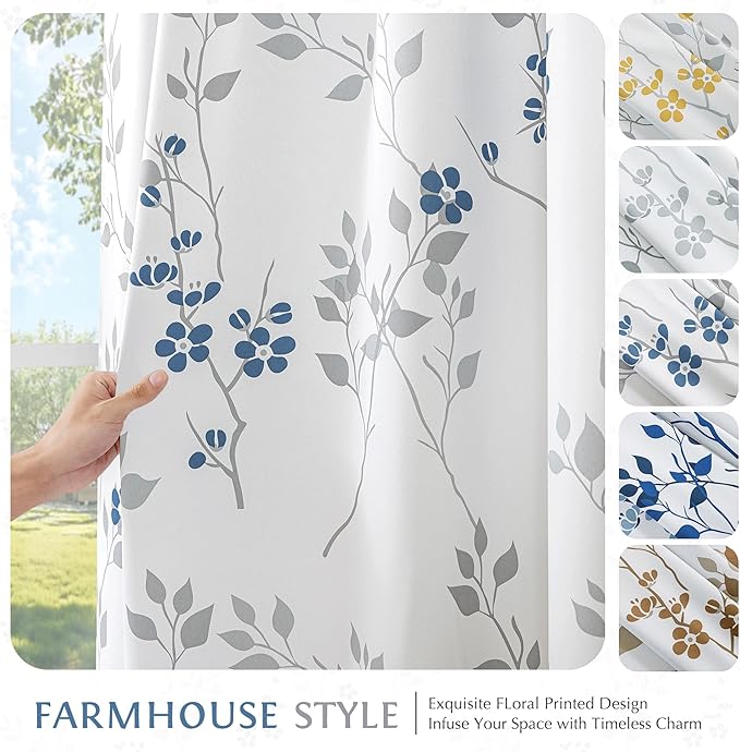 Beauoop Floral 100% Blackout Curtains 108 Inches Long 2 Panels for Bedroom Living Room Blue Grey and White Flower Patterned Room Darkening Thermal Soundproof Grommet Window Treatments Drapes, 52X108
