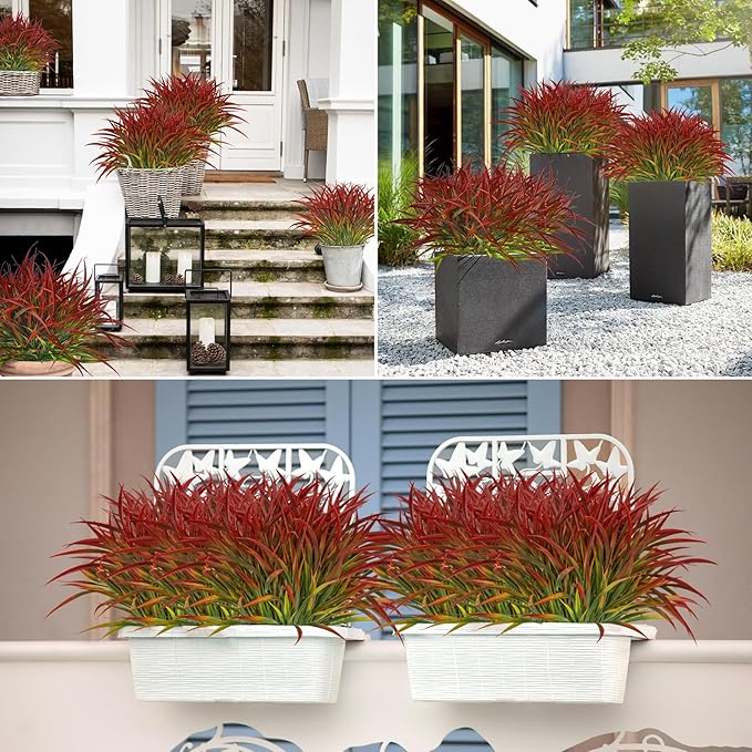 Ouddy Decor 16 Bundles Artificial Plants Outdoor Fake Grass Greenery Stems UV Resistant Faux Plastic Plants Shrubs for Autumn Home Garden Pathway Farmhouse Front Porch Harvest Thanksgiving Decor, Red