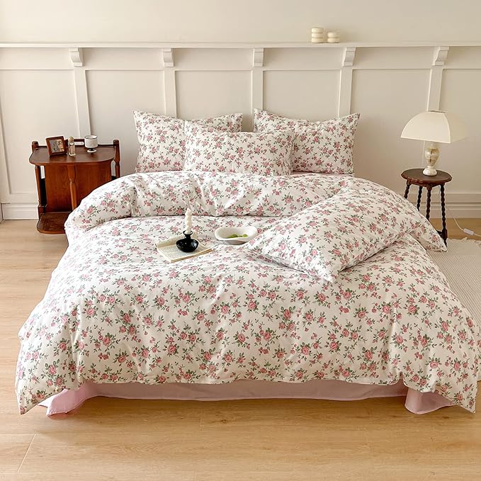 VM VOUGEMARKET Peach Pink Flower Duvet Cover Set Twin Cotton Girl's Blossom Comfoter Cover with Zipper Closure,Cottagecore Bedding Set-68"x86"
