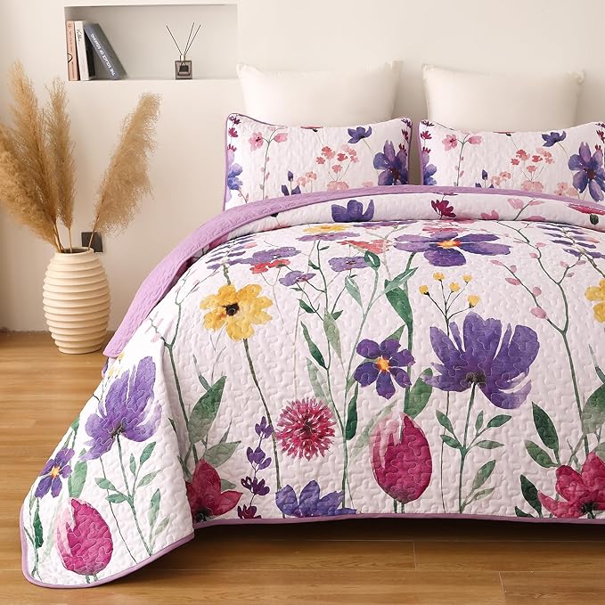 Anibedding Purple Quilt Set Queen, Floral Pattern Microfiber Bedspreads Queen Size 3 Pieces Lightweight Reversible Bedding Set with 2 Pillowcases(96"x90")
