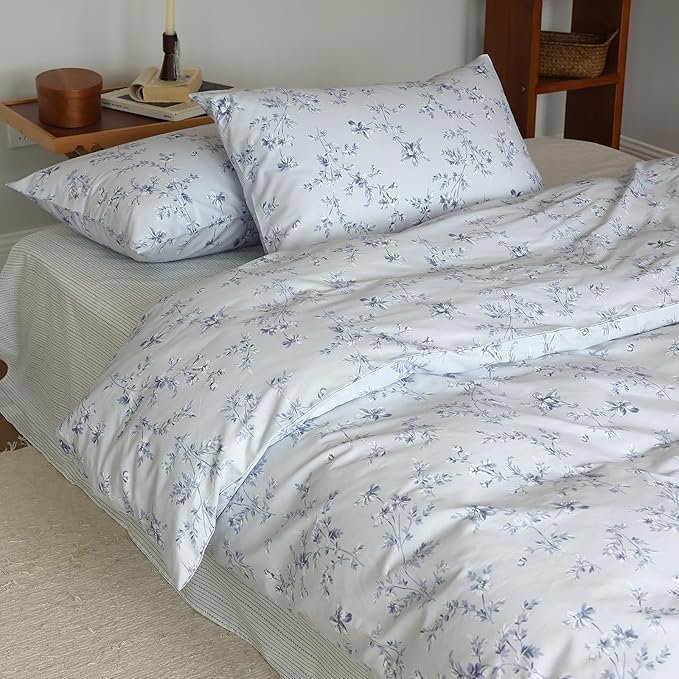 Blue Floral Duvet Cover Full Cute Kids Girls Bedding Set Cozy Cotton Flower Botanical Print Comforter Cover for Teens Children Boys Boho Garden Style Floral Bedding Sets Full with 2 Pillowcases