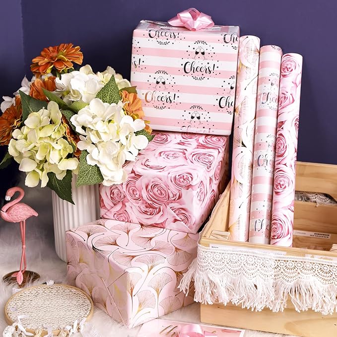 MAYPLUSS Wrapping Paper Set - Mini Roll with Bow & Ribbon & Gift Tags & Stickers - 17 inch X 120 inch Per roll - Pink Design (42.3 sq.ft.TTL)