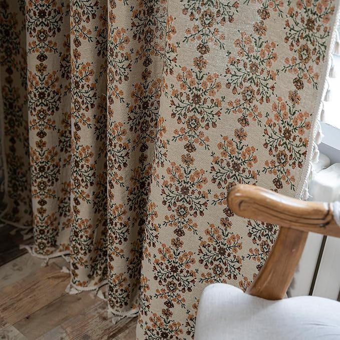 ENJOYBRIDAL Floral Curtains 84 Inch Length 2 Panels Vintage Flower Patterned Drapes Boho Semi Sheer Tassel Rustic Country Rod Pocket Botanical Farmhouse Window Curtain Panels for Bedroom Living Room