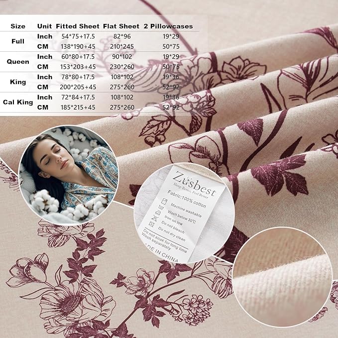 Zusbest King Size Sheets 100% Percale Cotton Red Floral Bed Sheet Set, Brushed Extra Softness, Breathable Luxury Toile Flannel Like Sheets Shabby Vintage Flower Print Deep Pocket Bed Set 17.5'' 4 Pcs