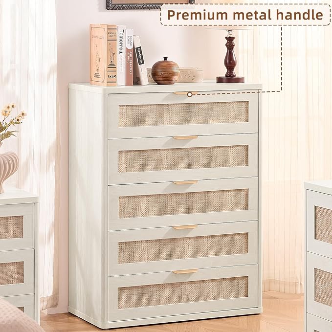 LEYAOYAO Rattan Dresser for Bedroom Set 2, 41" Tall Chest of Drawers, Modern 5 Drawers Boho Dressers with Storage, Light Oak Dresser Wooden Closet Organizer for Living Room, Hallway, Natural Wood
