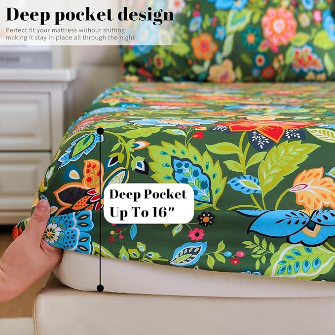 Bedlifes California King Sheet Set Ultra Soft, Breathable, Silky Flower Deep Pocket 100% Microfiber Bedding, 4 Piece Cal King Size with Floral Dark Green
