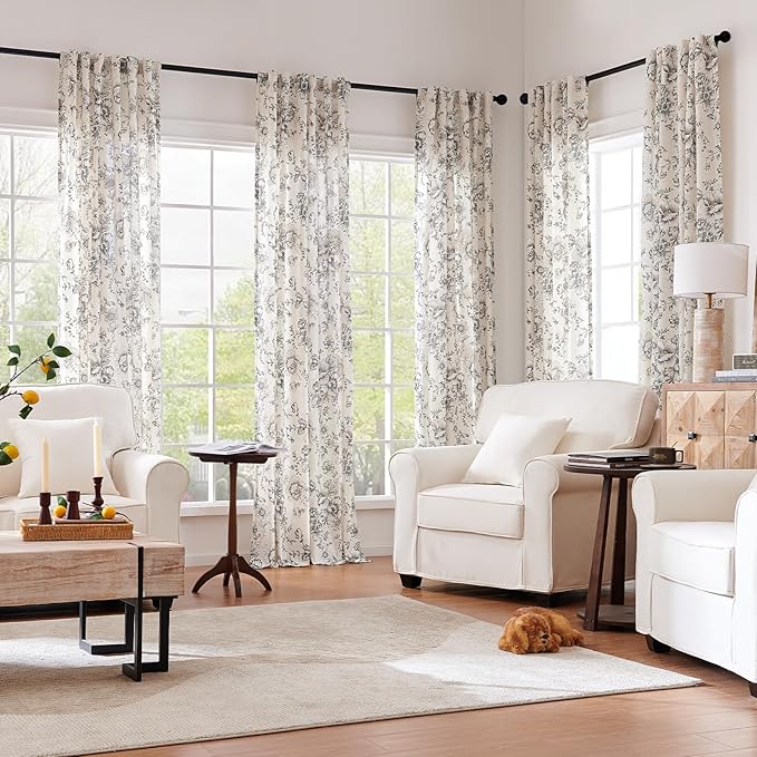 jinchan Linen Blend Curtain Floral Curtains Extra Wide for Living Room 84 Inch Length Black Printed Curtain Back Tab Farmhouse Peony Flower Patterned Drapes Bedroom Window Curtains Set 2 Panels