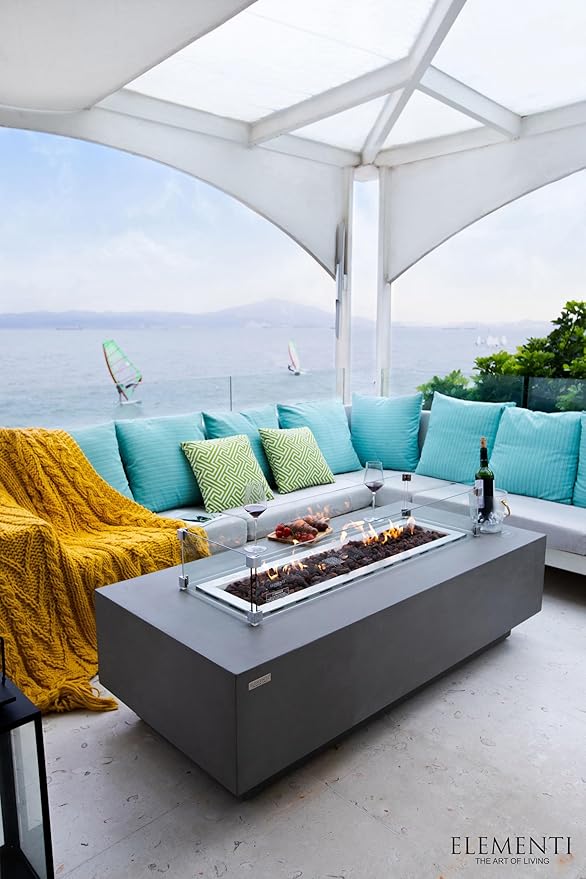 Elementi | Bundle Granville Gas Fire Pit Cast Concrete 60" Rectangular Fire Table, Outdoor Fire Pit Electronic Ignition | Canvas Cover, Lava Rock Included | Light Gray (Natural Gas)