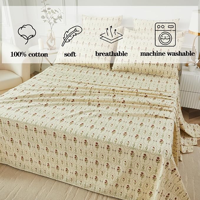 FADFAY Twin XL Size 100% Cotton Beige Bed Sheets Set Elegant Red Rose Floral Pattern, Soft and Luxurious Shabby Vintage French Country Bedding, 4 Pieces Deep Pocket Fitted Sheet, Twin Extra Long