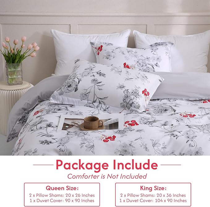 LONAVA King Flower 3 Pcs Duvet Cover Set, Breathable Soft Microfiber White Lining Comforter Cover with Zipper Closure, and 2 Anti-Pilling, Fade Resistant Pillowcases, Gothic Rose