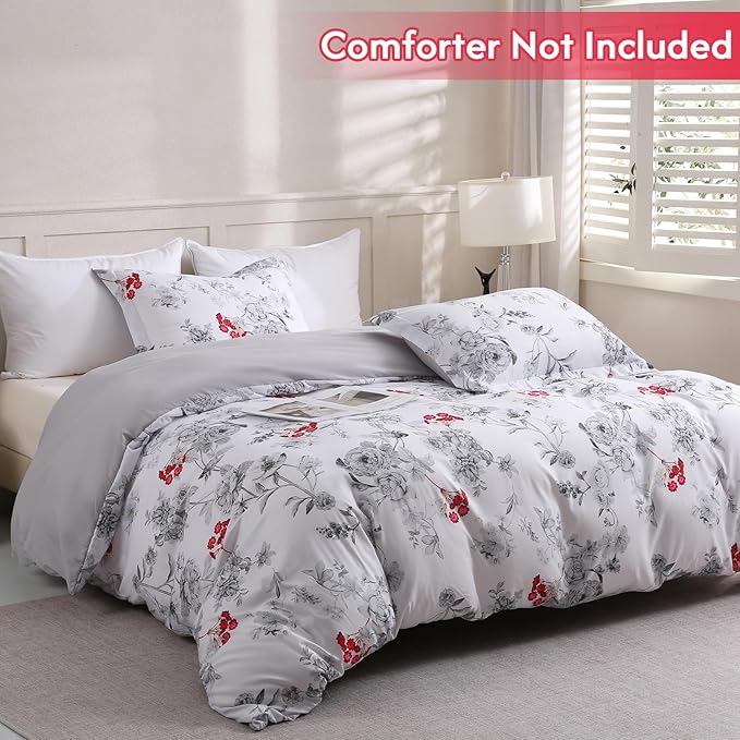 LONAVA King Flower 3 Pcs Duvet Cover Set, Breathable Soft Microfiber White Lining Comforter Cover with Zipper Closure, and 2 Anti-Pilling, Fade Resistant Pillowcases, Gothic Rose
