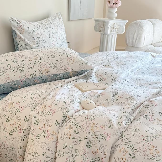 EAVD Garden Style Botanical Duvet Cover King Soft Cotton Chic Shabby Floral Leaves Pattern Bedding Set with 2 Pillowcases Fresh Vibrant Floral Duvet Cover with Zipper Closure